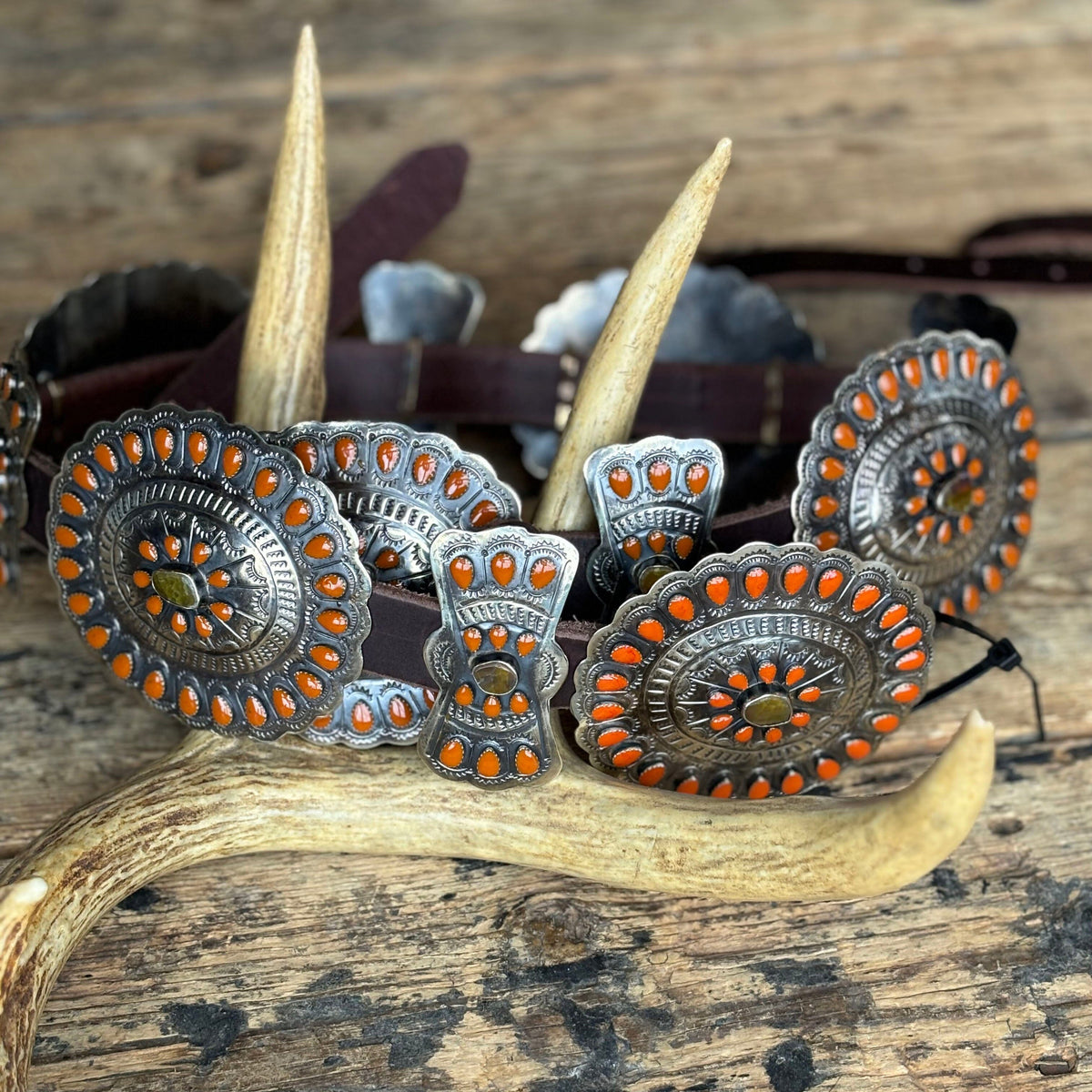 German Silver / Citrine & Burnt Orange Enamel Belt - BELT27