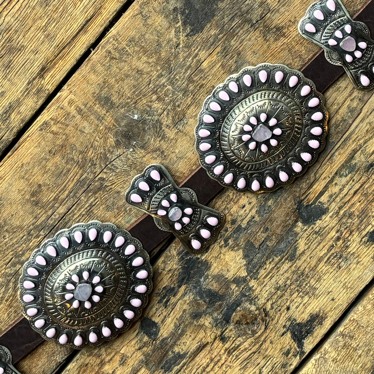 German Sllver / Baby Pink Enamel / Stone Concho Belt - BBAR28