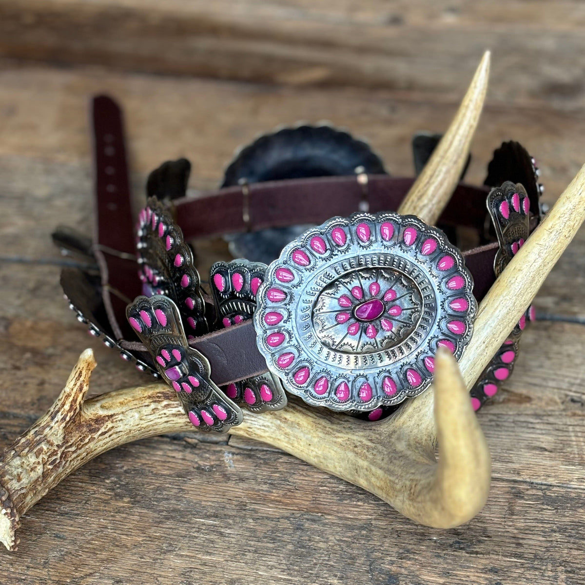 German Sllver / Pink & Fuchsia Enamel / Stone Concho Belt - BBAR25