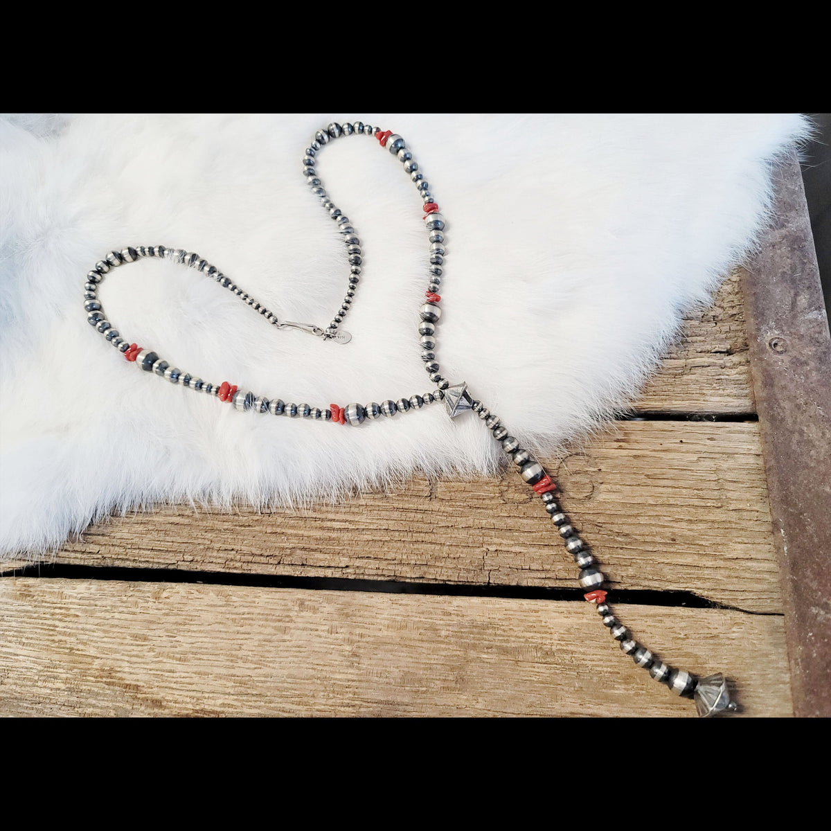 Navajo Pearl Red Coral Lariat - NSPR16