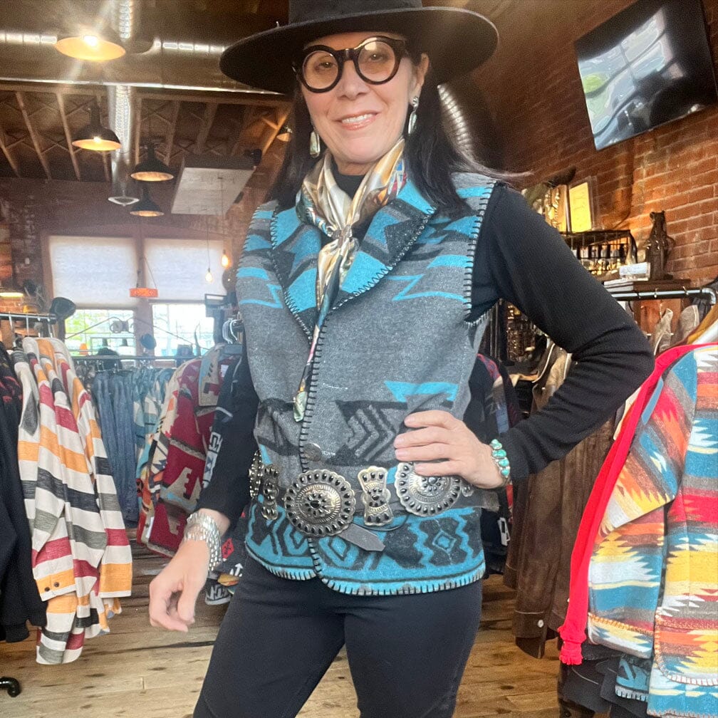 Shawl Collar Vest - Turquoise Chippewa - Rhonda Stark - RSVWCTQ