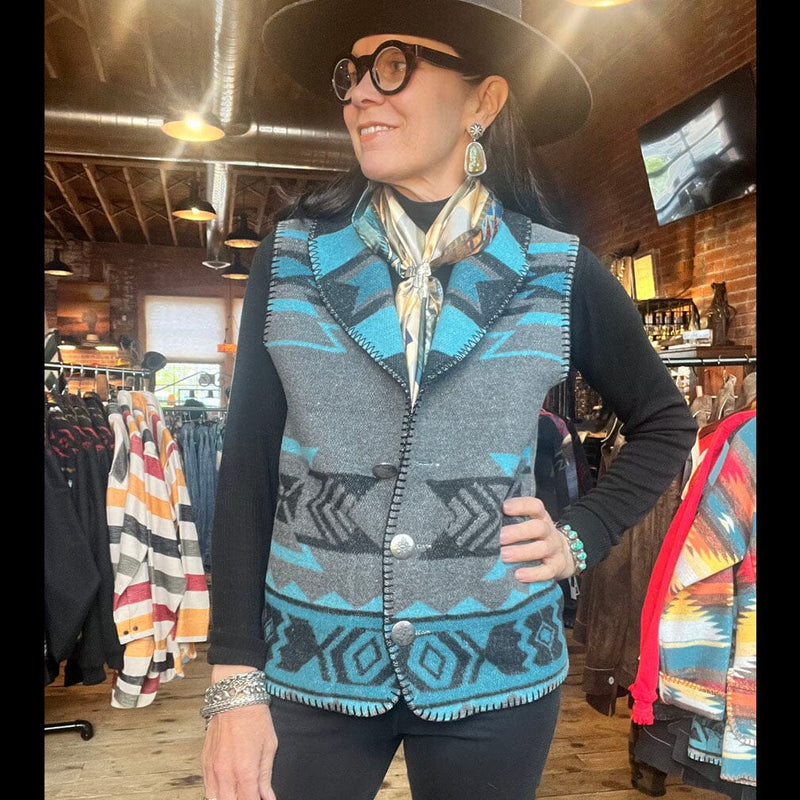 Shawl Collar Vest - Turquoise Chippewa - Rhonda Stark - RSVWCTQ