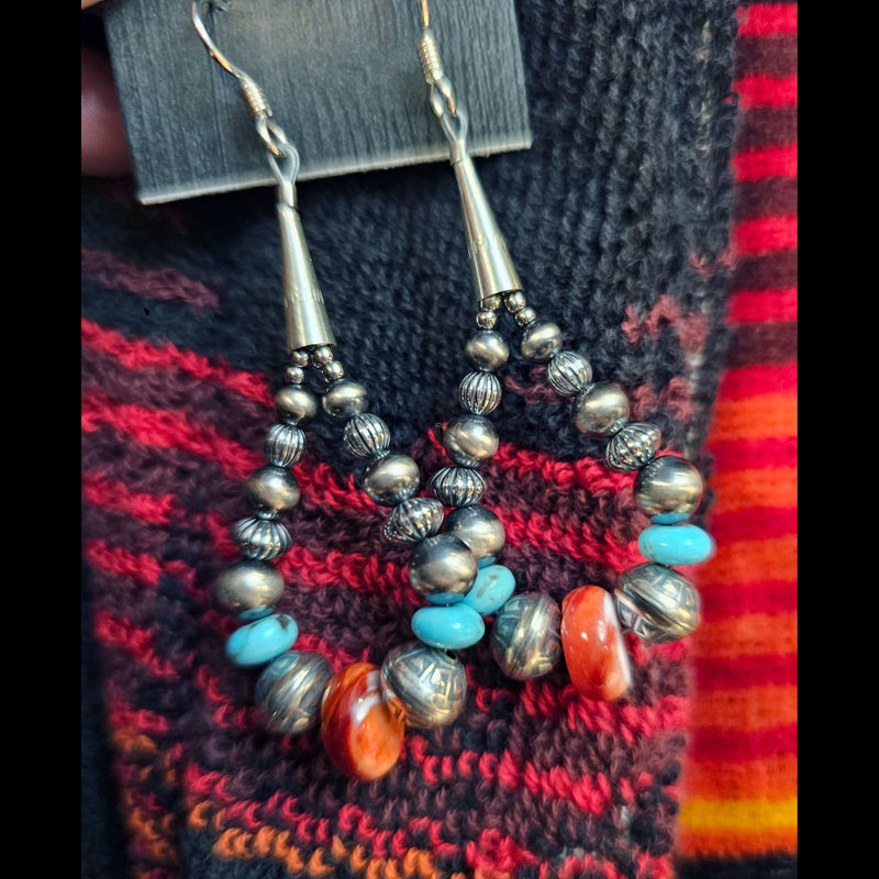 Spiny Oyster, Turquoise and Sterling Silver Pearl Earrings - ESZ152