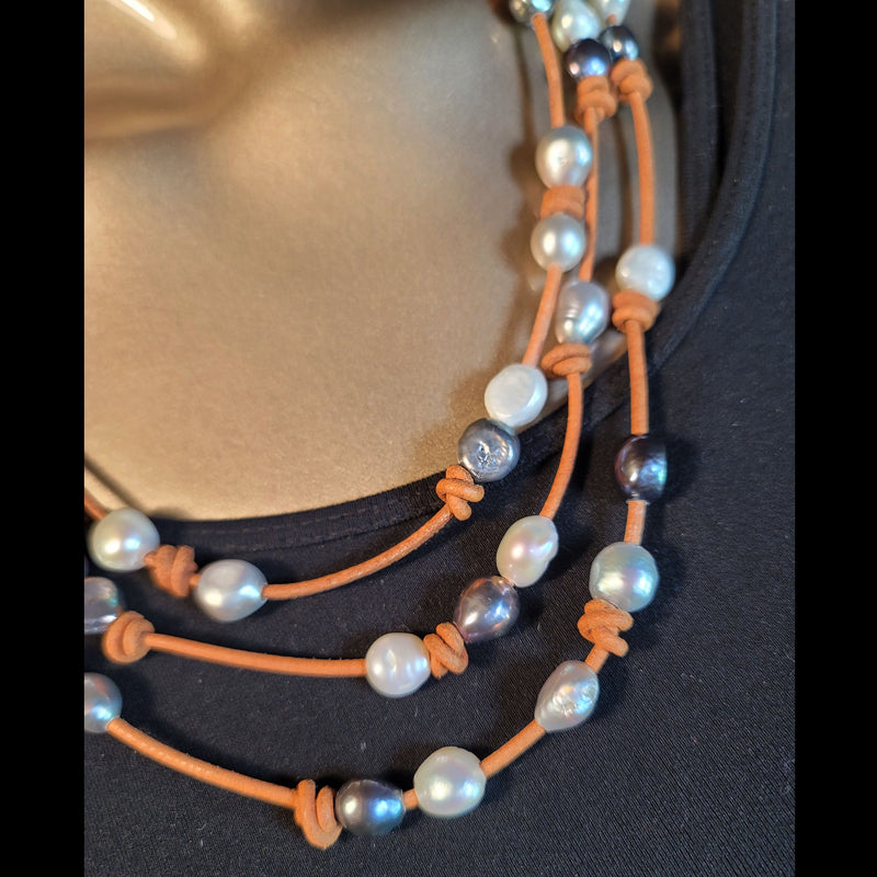 80" Multi Pearl/Leather Knotted Wrap Necklace - NPM1