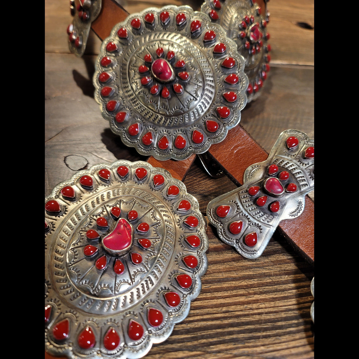 Concho Belt - Red Stone/Red Enamel (German Silver) Brown Leather Belt - BBAR8